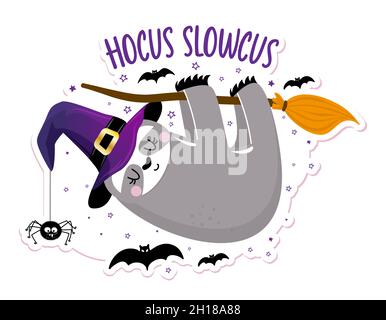 Hocus Slowchus - lustiges Faultier, das am Broomstick hängt. Faultier-Doodle zum Drucken zeichnen. Entzückendes Poster für Halloween-Party, gut für Hemden, Geschenke, Tassen oder Stock Vektor