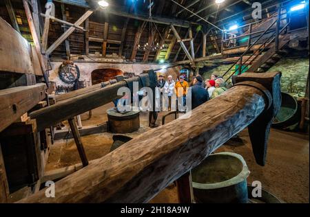 17. Oktober 2021, Sachsen, Olbernhau: Besucher nehmen an einer Führung am Kupferhammer in der Saigerhütte Teil. Am 22. Tag des traditionellen Handwerks im Erzgebirge öffnen zahlreiche Handwerksbetriebe aus verschiedenen Branchen ihre Türen. Foto: Kristin Schmidt/dpa-Zentralbild/ZB Stockfoto