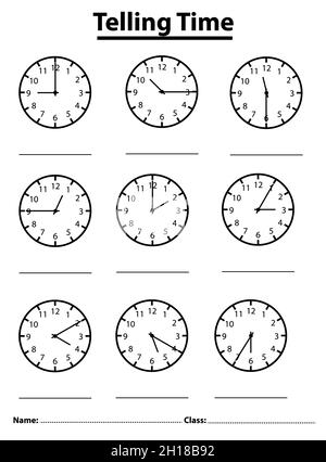 Telling Zeit Arbeitsblatt für Kinder vor der Schule. Spiel für Kind. Schreiben Sie Zeit auf die Uhr. Stockfoto