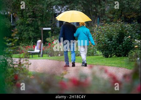 17. Oktober 2021, Schleswig-Holstein, Uetersen: Ein Paar läuft unter einem großen Regenschirm im leichten Nieselregen am Rosarium. Foto: Jonas Walzberg/dpa Stockfoto