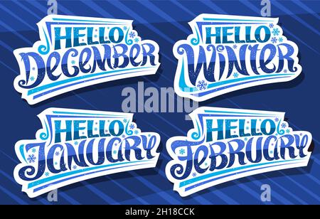 Vektor-Set für den Winter, weiße Logos mit lockiger kalligraphischer Schrift, Illustration von fallenden Schneeflocken und dekorativen Streifen, Kollektion von Cut-out-Labor Stock Vektor