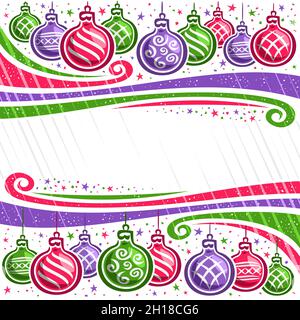 Vektor-Weihnachtsbordüre mit Copyspace, quadratisches Plakat mit Illustrationen von dekorativen Schnörkel und bunte Cartoon weihnachtskugeln hängen auf str Stock Vektor