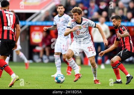 Leverkusen, Deutschland. Oktober 2021. Fußball: Bundesliga, Bayer Leverkusen - Bayern München, Matchday 8, in der BayArena. Der Münchner Thomas Müller steuert den Ball. WICHTIGER HINWEIS: Gemäß den Bestimmungen der DFL Deutsche Fußball Liga und des DFB Deutscher Fußball-Bund ist es untersagt, im Stadion und/oder vom Spiel aufgenommene Fotos in Form von Sequenzbildern und/oder videoähnlichen Fotoserien zu verwenden oder zu verwenden. Quelle: Marius Becker/dpa/Alamy Live News Stockfoto