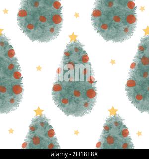 Niedlicher Winter Aquarell nahtloses Muster mit Weihnachtsbäumen. Stockfoto