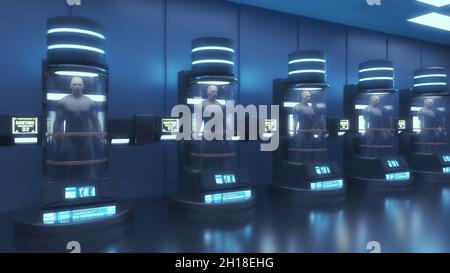 3D-Rendering. Humanoide Figuren und Sicifi-Szene Stockfoto