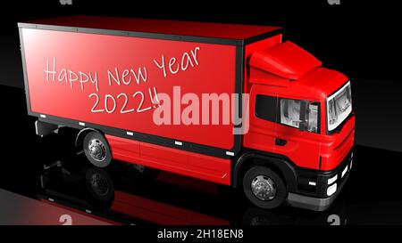 Roter LKW mit schreiben FROHES NEUES JAHR 2022 Stockfoto