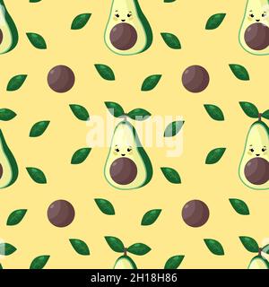 Avocado nahtloses Muster mit Blättern Vektorgrafik. Niedliche gezeichnete Avocado im Kawaii-Stil. Hintergrund der Speisen Stock Vektor