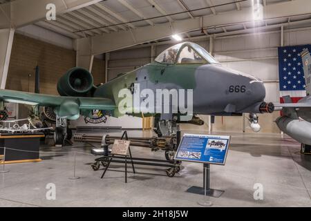 Ein Fairchild Republic A-10 Thnderbolt II-Nahflugzeug. Hill Aerospace Museum. Stockfoto