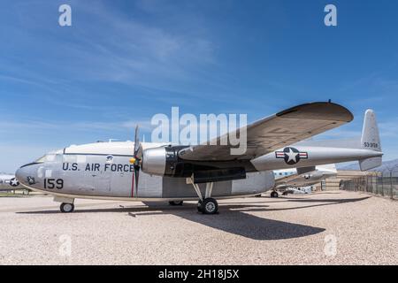 Der Fairchild C-119 Flying Boxcar war ein militärisches Transport- und Frachtflugzeug nach dem Zweiten Weltkrieg. Stockfoto