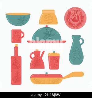 Niedliche handgemachte Keramik-Kollektion. Flache Vektorgrafik. Dekoratives Geschirr isoliert auf weißem Hintergrund. Küchenutensilien mit Weihnachtsdecora Stock Vektor