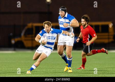 Toronto, Kanada, 16. Oktober 2021: Andrew Norton (L) in Aktion während des Rugby-Rallye-Spiels gegen Atlantic Selects im York Stadium in Toronto, Kanada. Toronto Arrows besiege Alantic Selects mit 57-10 Punkten Stockfoto