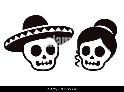 Cartoon mexikanischen Schädel Paar, männlich in Sombrero und weiblich. Dia de los Muertos (Tag der Toten) oder Halloween-Vektorgrafik. Schlichtes Schwarz und Whi Stock Vektor