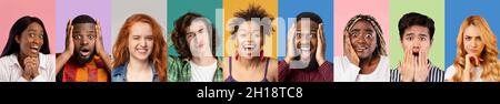 Kreative Collage Von Menschlichen Porträts Mit Unterschiedlichen Emotionen Über Bunte Hintergründe Stockfoto