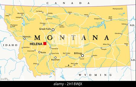 Montana, MT, politische Landkarte mit der Hauptstadt Helena. Staat in der Unterregion Mountain West der westlichen Vereinigten Staaten von Amerika. Stockfoto