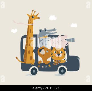 Süßer londoner Bus mit Tieren in Pastellfarben. Löwenjunge, Krokodil, jiraffe, Bärenillustration für neugeborenes Baby. Illustration mit niedlichen Baby-Dusche Stock Vektor