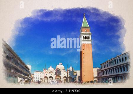 Aquarell-Zeichnung des Markusplatzes in Venedig, der Patriarchalkathedrale Basilika des Erzbistums San Marco, der Procuratie Vecchie und der Ca Stockfoto