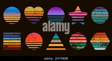 Retro-gestreifte Sunset Prints in Herz-, Stern- und Kreisform. 80er Jahre T-Shirt-Design mit Sonnenaufgang am Strand. Geometrisches Seesurfing Logo Vektor-Set Stock Vektor