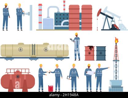 Arbeiter der Ölingenieure und Gebäude der Gasindustrie. Petroleum-Bohranlage, Raffinerie, Kraftstofftanks und Fässer. Vektor für Inspektion der Ölleitung eingestellt Stock Vektor