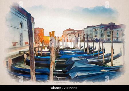 Aquarell-Zeichnung von Gondeln, die an der Anlegestelle des Canale Grande in Venedig festgemacht sind. Barocke Gebäude im Hintergrund des Canal Grande. Venedig Stockfoto