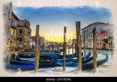 Aquarell-Zeichnung von Gondeln, die an der Anlegestelle des Canale Grande in Venedig festgemacht sind. Holzpfosten und barocke Gebäude entlang des Canal Grande. V Stockfoto