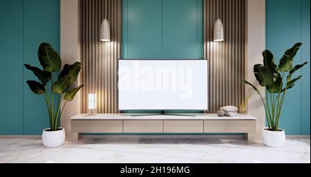 Schrank im modernen leeren Raum, Minzwand auf Granitboden, 3d-Rendering Stockfoto