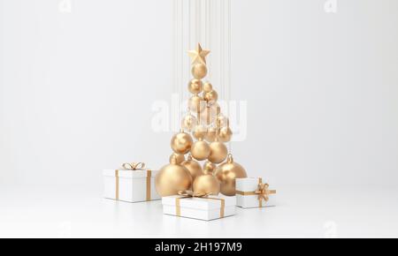 Weihnachtsbaum mit weihnachtsbällen und Geschenken rund auf Winter weißen Studio Hintergrund gemacht. 3D-Rendering Stockfoto