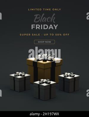 Black Friday Social Media Post mit Geschenkboxen in realistischem 3D-Rendering. Beschriftungstext, Sonderangebot, dunkler Hintergrundflyer für soziale Netzwerke und Onli Stockfoto