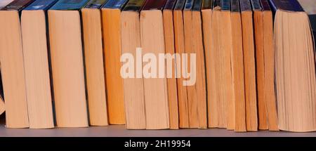 Reihe von Taschenbüchern, die auf der Oberfläche mit Kopierfläche liegen Stockfoto