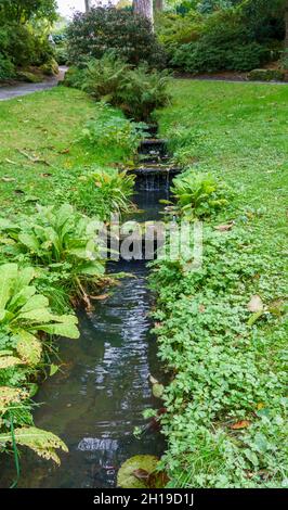 Der Bach fließt durch die wunderschönen Bodnant Gardens, Colwyn Bay, Wales, Großbritannien Stockfoto