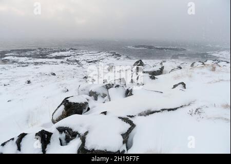 Ein Schneesturm an der Küste bei Nordmela. Nordmela, Vesteralen, Nordland, Norwegen. Stockfoto