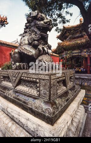 Eine Bronzestatue des Schutzlöwens im Lama-Tempelkomplex, einem buddhistischen Tempel in Peking, China. Stockfoto