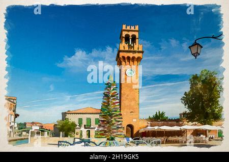 Aquarell-Zeichnung von Murano-Uhrenturm Torre dell'Orologio von San Stefano Kirche und bunten weihnachtsbaum aus Murano-Glas auf Campo Santo Ste Stockfoto