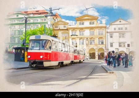 Aquarell-Zeichnung von Prag: Typische alte Retro-Straßenbahn auf Schienen in der Nähe der Straßenbahnhaltestelle in den Straßen von Prag in der Kleinseite Mala Strana distric Stockfoto