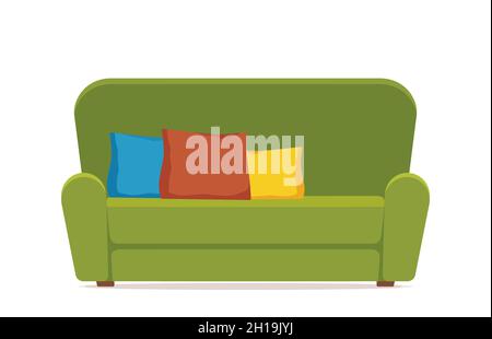 Gemütliches grünes Sofa mit bunten Kissen. Bequeme Couch. Möbel für Wohnzimmer. Weicher Sitz. Bunte flache Vektor-Illustration isoliert auf weißem BA Stock Vektor