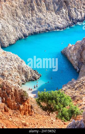 Seitan limania oder Agiou Stefanou, der himmlischen Strand mit türkisblauen Wasser. Chania, Chania, Kreta, Griechenland. Stockfoto