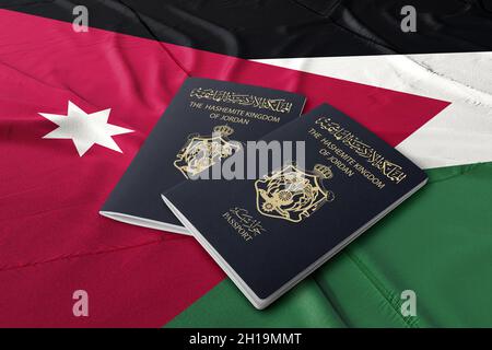 Jordanischer Pass auf der jordanischen Flagge, jordanische Nationalität, asiatische Länder Stockfoto