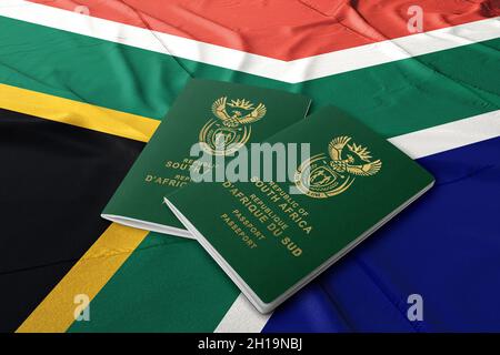 Südafrikanischer Pass auf der südafrikanischen Flagge, Draufsicht Stockfoto