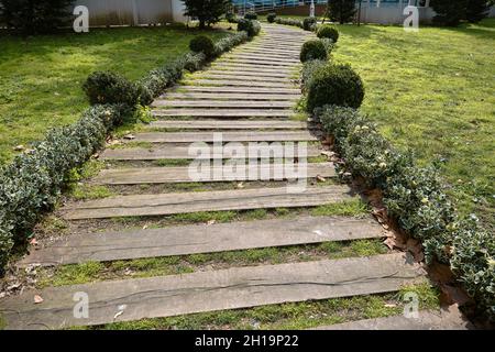 Treppe aus Holzmaterial mit grünem Gras im öffentlichen Park in istanbul türkei bedeckt. Stockfoto
