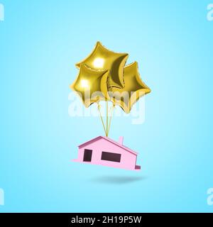 Gold Sterne Ballon mit rosa Haus auf blauem Hintergrund. Minimales Urlaubskonzept. Stockfoto
