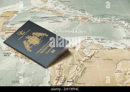 Dominica Pass auf einer Karte des Karibischen Meeres, Platz kopieren Stockfoto