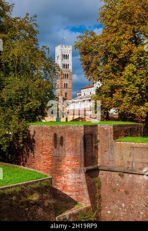 Lucca Charmantes historisches Zentrum. Blick auf die Stadt schöne mittelalterliche Kathedrale von St. Colombano Bollwerk, entlang der Stadt berühmten Mauern Stockfoto