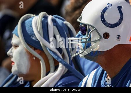 Indianapolis, Indiana, USA. Oktober 2021. Indianapolis Colts Fans während des Spiels zwischen den Houston Texans und den Indianapolis Colts im Lucas Oil Stadium, Indianapolis, Indiana. (Bild: © Scott Stuart/ZUMA Press Wire) Stockfoto