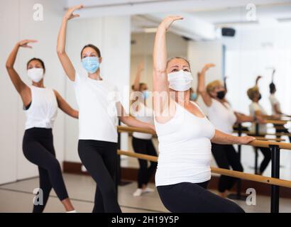 Gruppe von Frauen in Masken tun Ballett Tanz bewegt Stockfoto