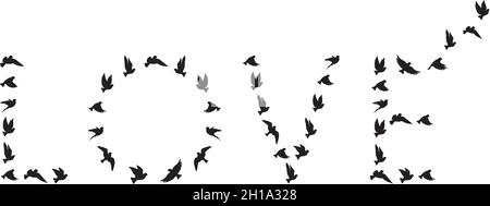 Fliegende Vögel Silhouetten in Form von Wort Liebe isoliert auf weißem Hintergrund, Vektor. Wording-Design, Schriftzug. Minimalistisches Schwarz-Weiß-Posterdesi Stock Vektor