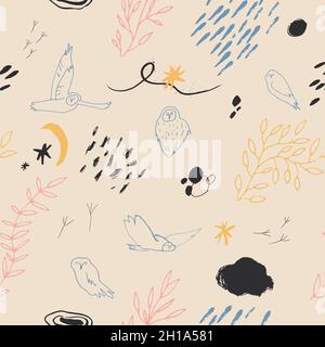 Farbvektor nahtloses Muster mit Vogeleulen, Pflanzen und Flecken. Abstrakter, handgezeichneter Hintergrund. Stock Vektor