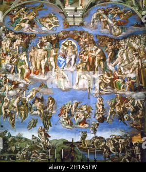 Das jüngste Gericht von Michelangelo, das die Altarwand der Sixtinischen Kapelle im Vatikan einnimmt Stockfoto