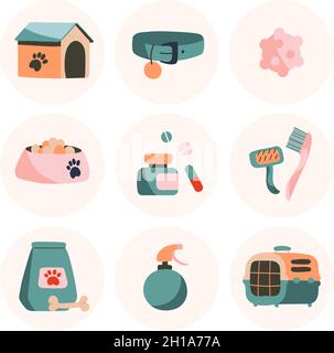 Satz von Vektorsymbolen. Kabine, Hundehalsband, Ball, Träger. Objekte isoliert auf weißem Hintergrund, Cartoon-Stil Stock Vektor