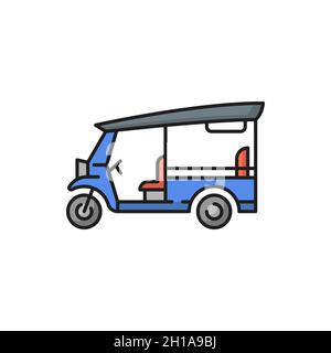 Traditionelles Thailand Tuk Tuk Dreirad, Strandauto isoliert Farblinie Symbol. Vector Auto oder Fahrrad mit drei Rädern, berühmte Retro-Dreirad. Beliebt Stock Vektor