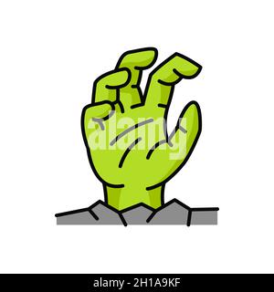 Ghost Arm ragt heraus, grüne Zombie-Hand steigen aus Grab isoliert Umriss Symbol. Vektor Alptraum gruseligen Dämon, Halloween toten Mann Arm aus g kommen Stock Vektor