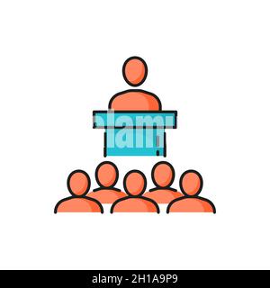 Präsident, Chef oder Politiker sprechen auf Podium isoliert Farblinie Symbol. Vector Brainstorming und Zusammenarbeit, Interviews, Rekrutierung. Geschäfts- m Stock Vektor